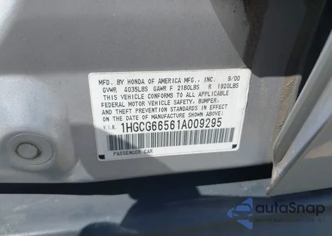 2001 Honda Accord 2.3 Lx из США, поврежденный, VIN 1HGCG66561A009295